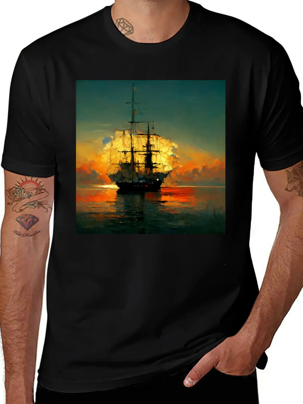 Pirates Ship In Sunset Great Scenery, Oil Paint Unisex Casual T-Shirt – Clean Design For Daily Comfort