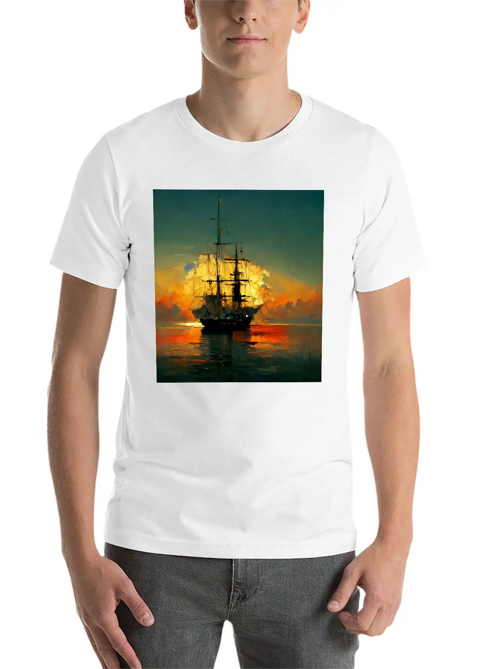 Pirates Ship In Sunset Great Scenery, Oil Paint Unisex Casual T-Shirt – Clean Design For Daily Comfort