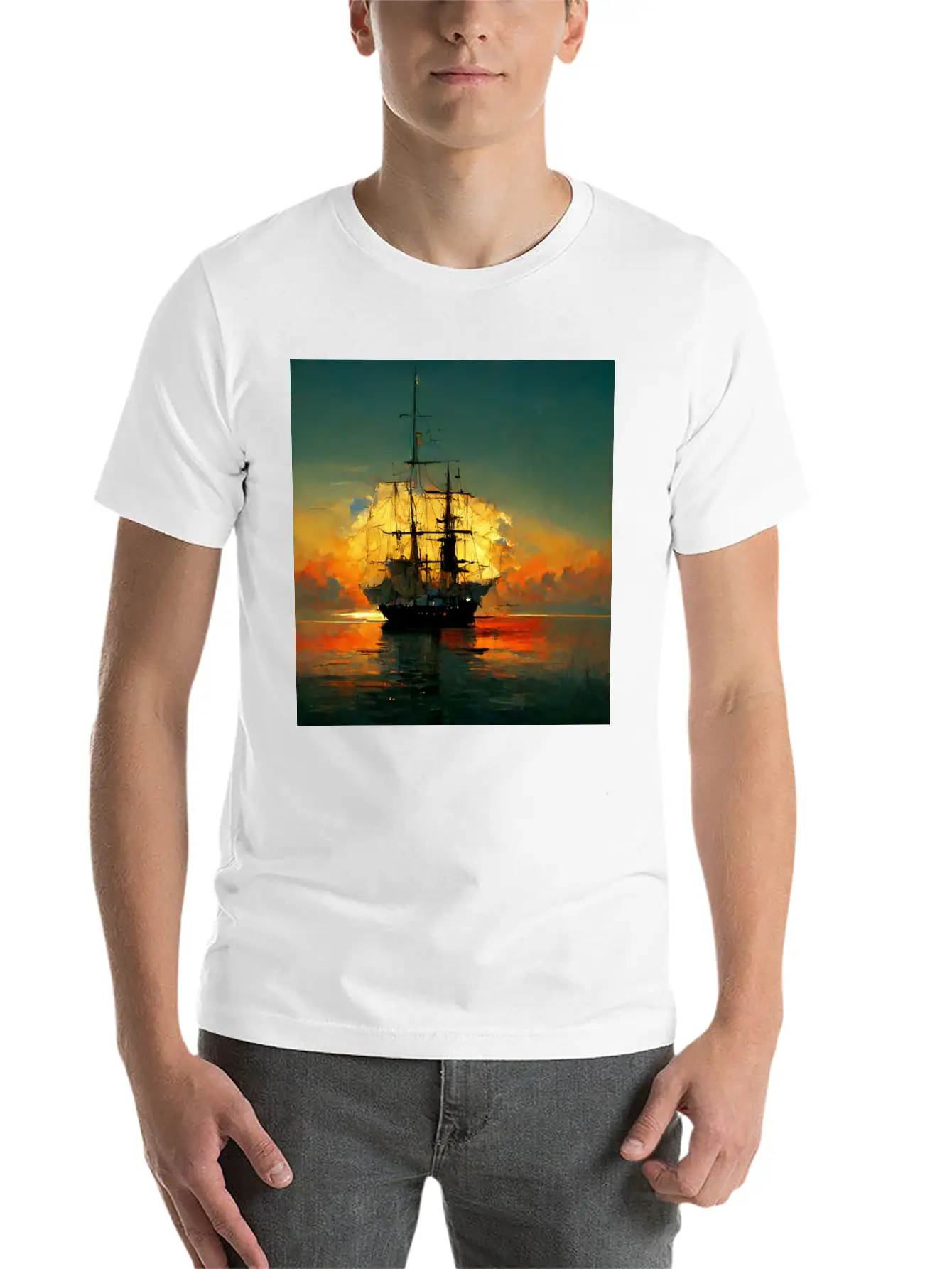 Pirates Ship In Sunset Great Scenery, Oil Paint Unisex Casual T-Shirt – Clean Design For Daily Comfort