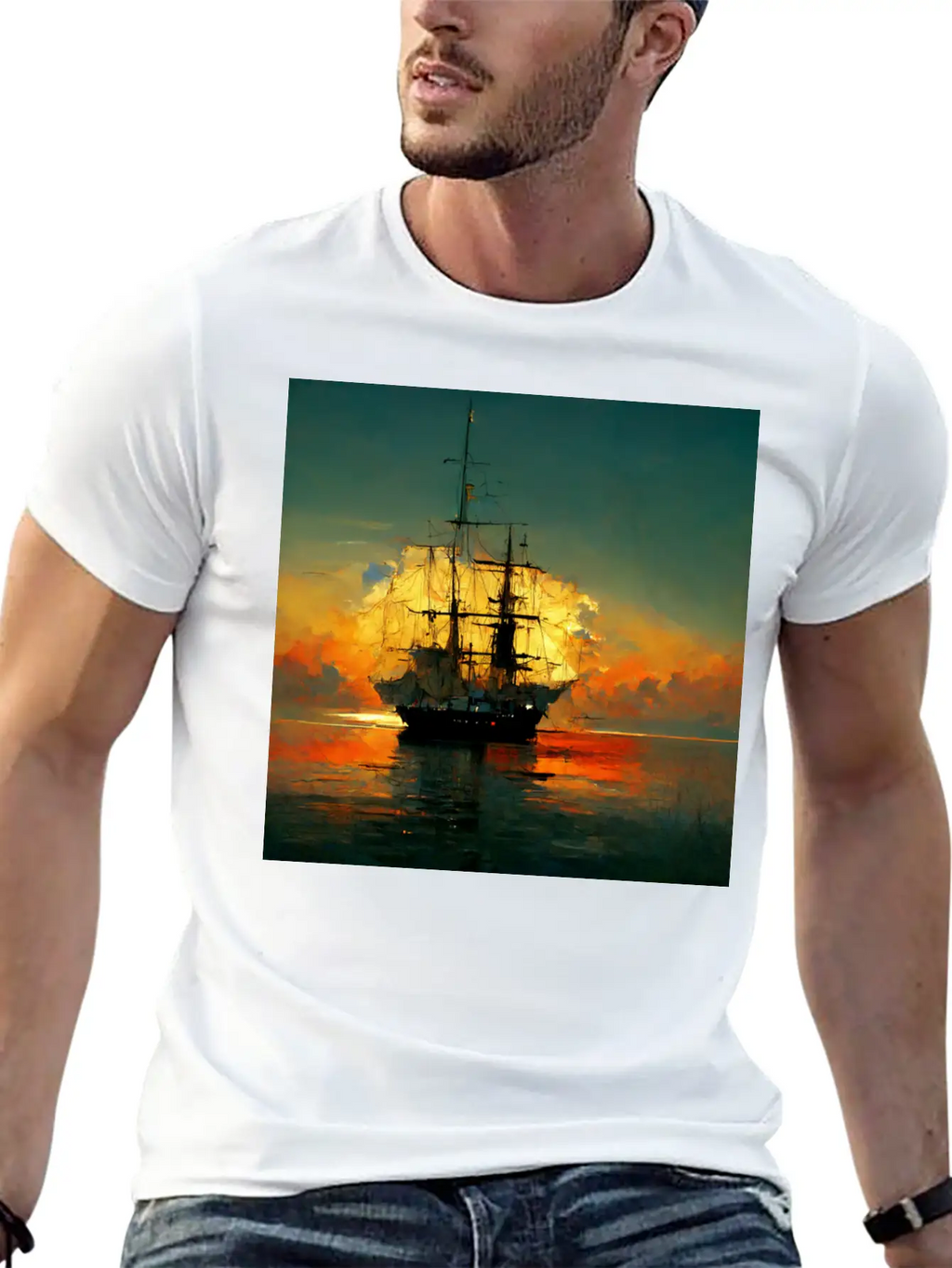 Pirates Ship In Sunset Great Scenery, Oil Paint Unisex Casual T-Shirt – Clean Design For Daily Comfort