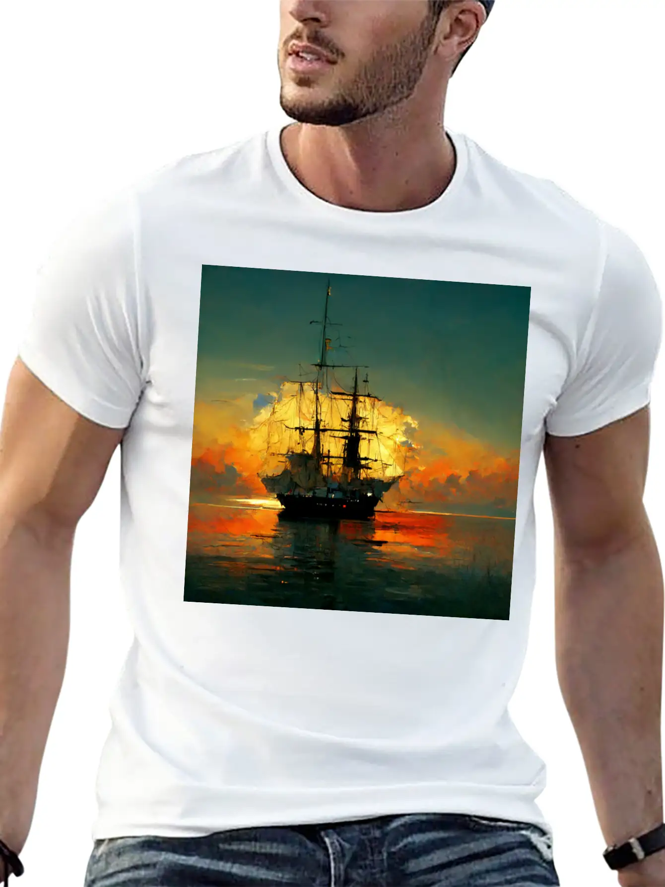 Pirates Ship In Sunset Great Scenery, Oil Paint Unisex Casual T-Shirt – Clean Design For Daily Comfort