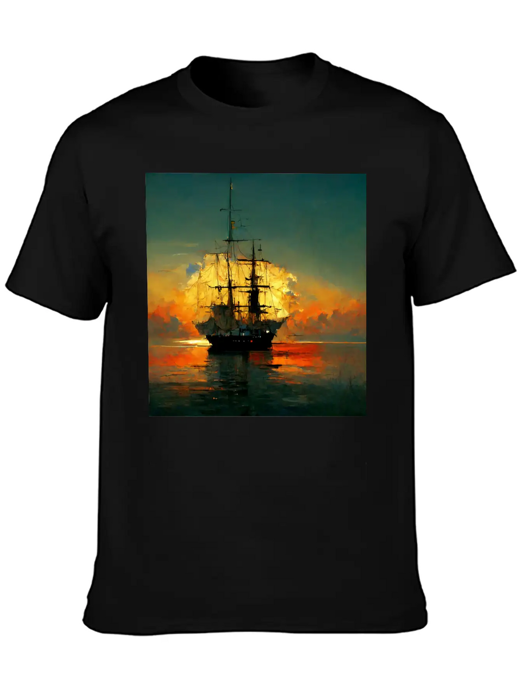 Pirates Ship In Sunset Great Scenery, Oil Paint Unisex Casual T-Shirt – Clean Design For Daily Comfort