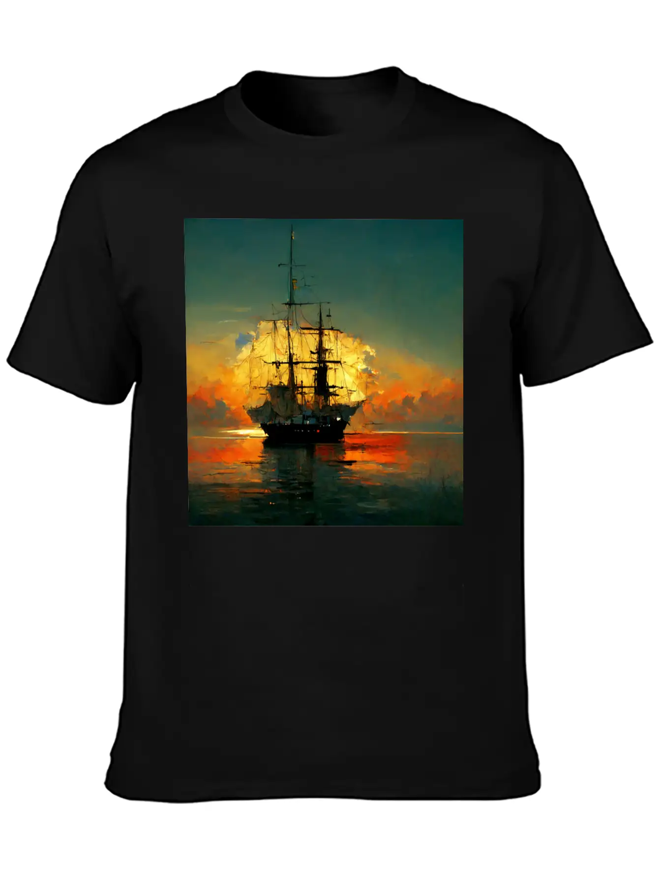 Pirates Ship In Sunset Great Scenery, Oil Paint Unisex Casual T-Shirt – Clean Design For Daily Comfort