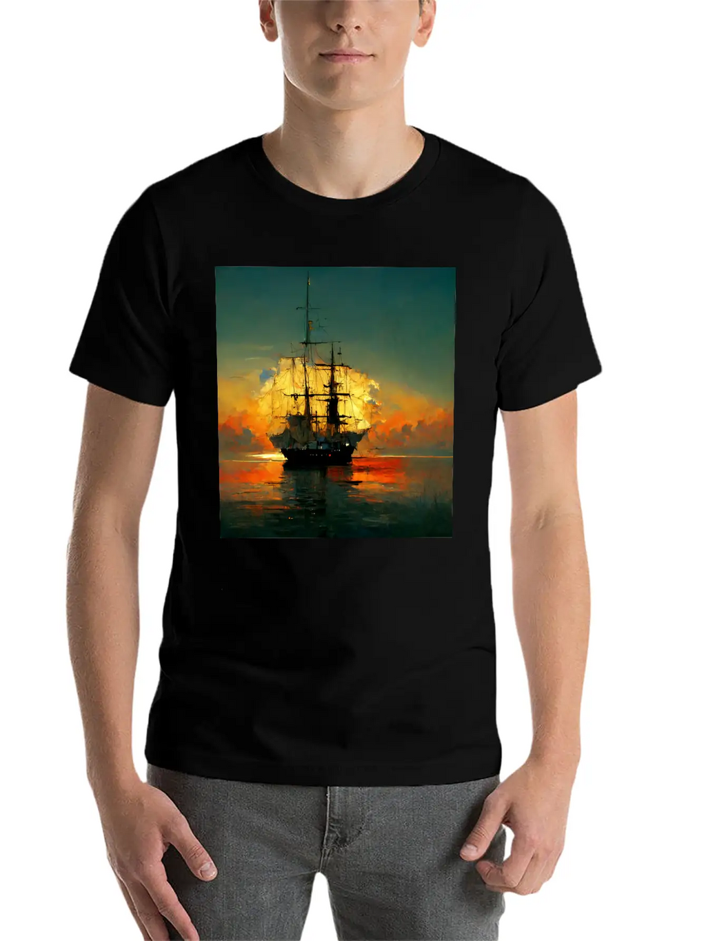 Pirates Ship In Sunset Great Scenery, Oil Paint Unisex Casual T-Shirt – Clean Design For Daily Comfort