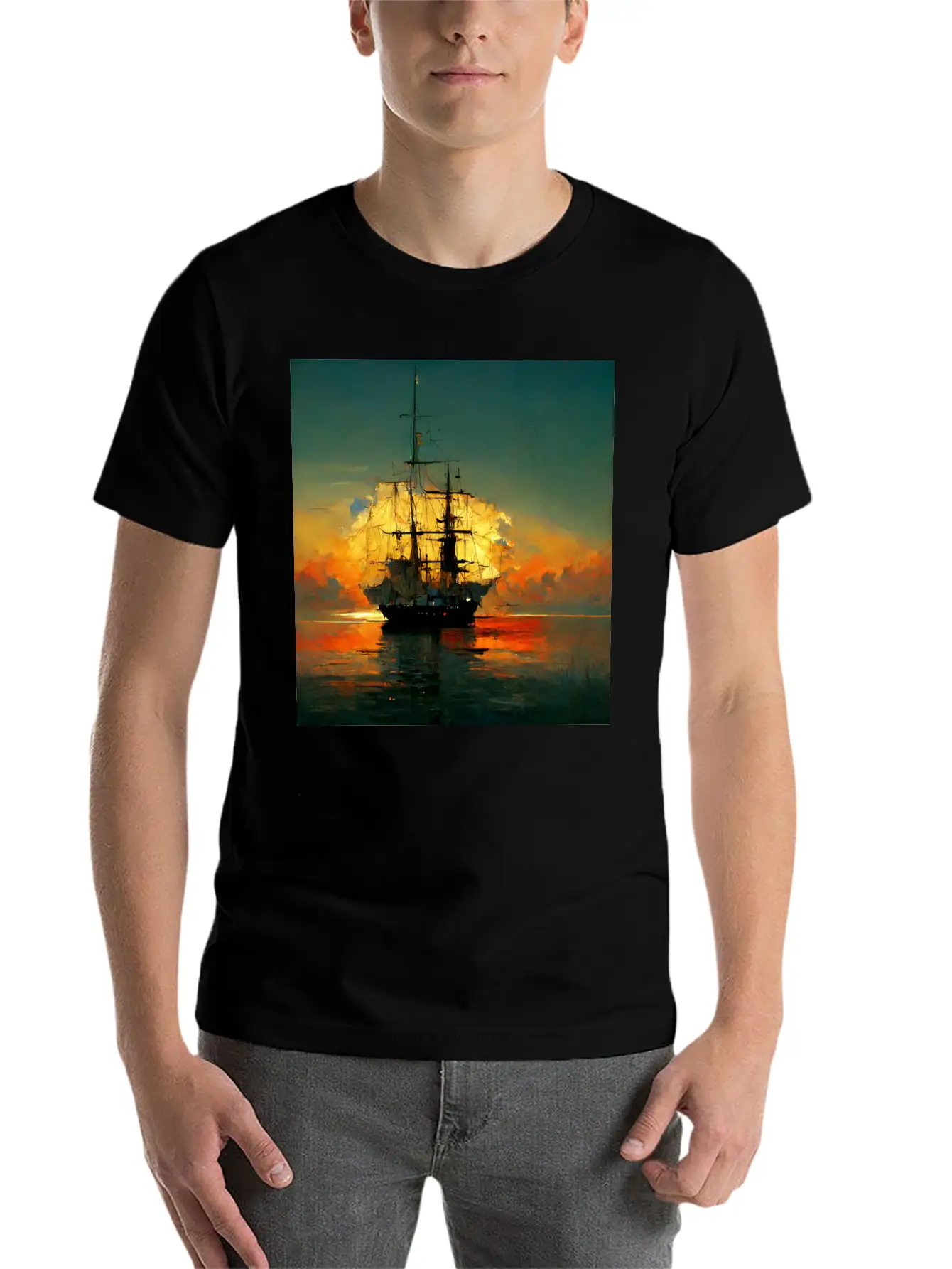 Pirates Ship In Sunset Great Scenery, Oil Paint Unisex Casual T-Shirt – Clean Design For Daily Comfort
