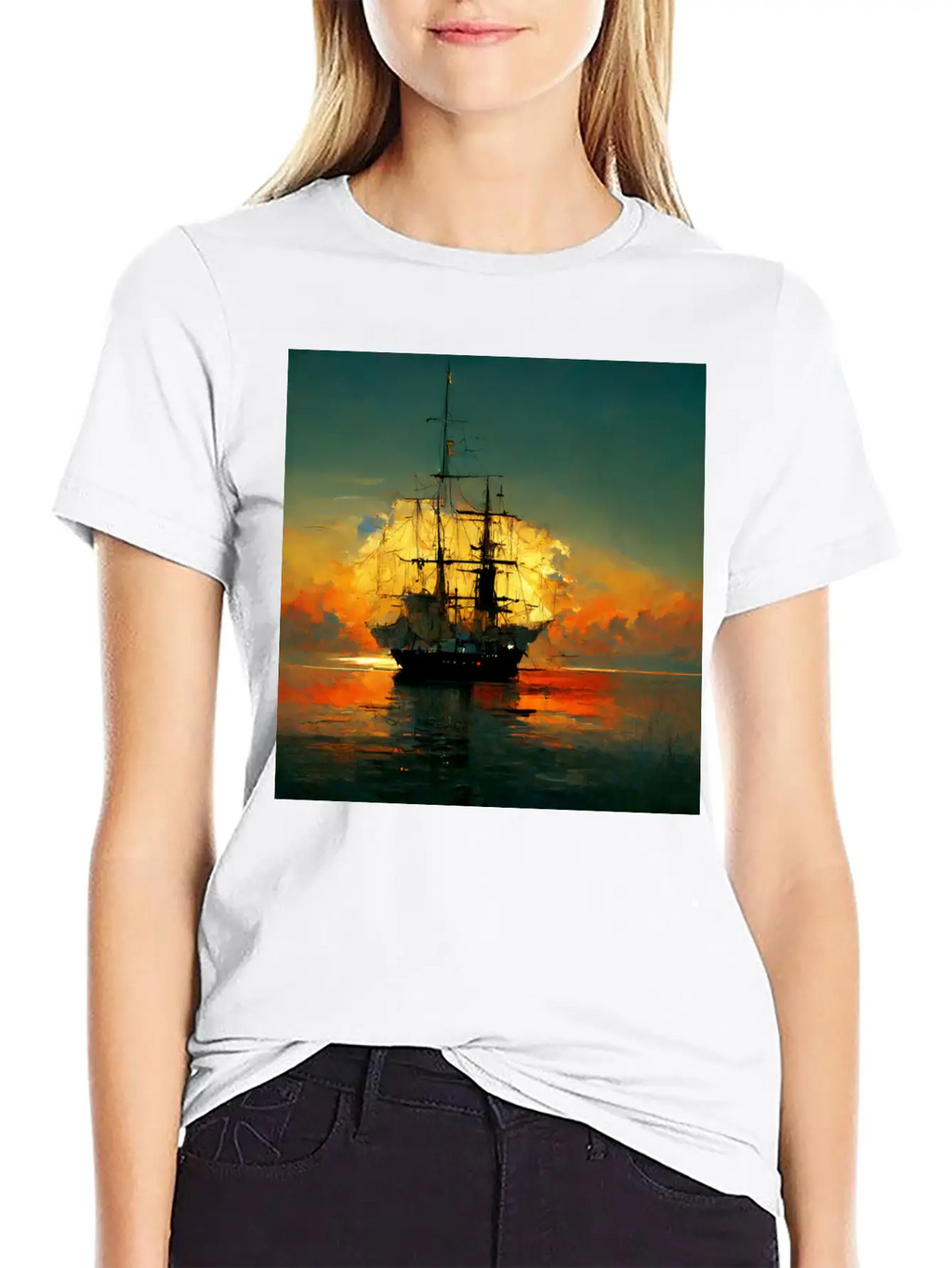 Pirates Ship In Sunset Great Scenery, Oil Paint Unisex Casual T-Shirt – Clean Design For Daily Comfort