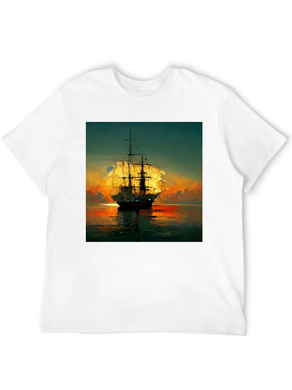 Pirates Ship In Sunset Great Scenery, Oil Paint Unisex Casual T-Shirt – Clean Design For Daily Comfort