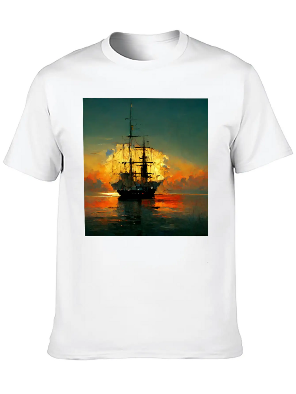 Pirates Ship In Sunset Great Scenery, Oil Paint Unisex Casual T-Shirt – Clean Design For Daily Comfort