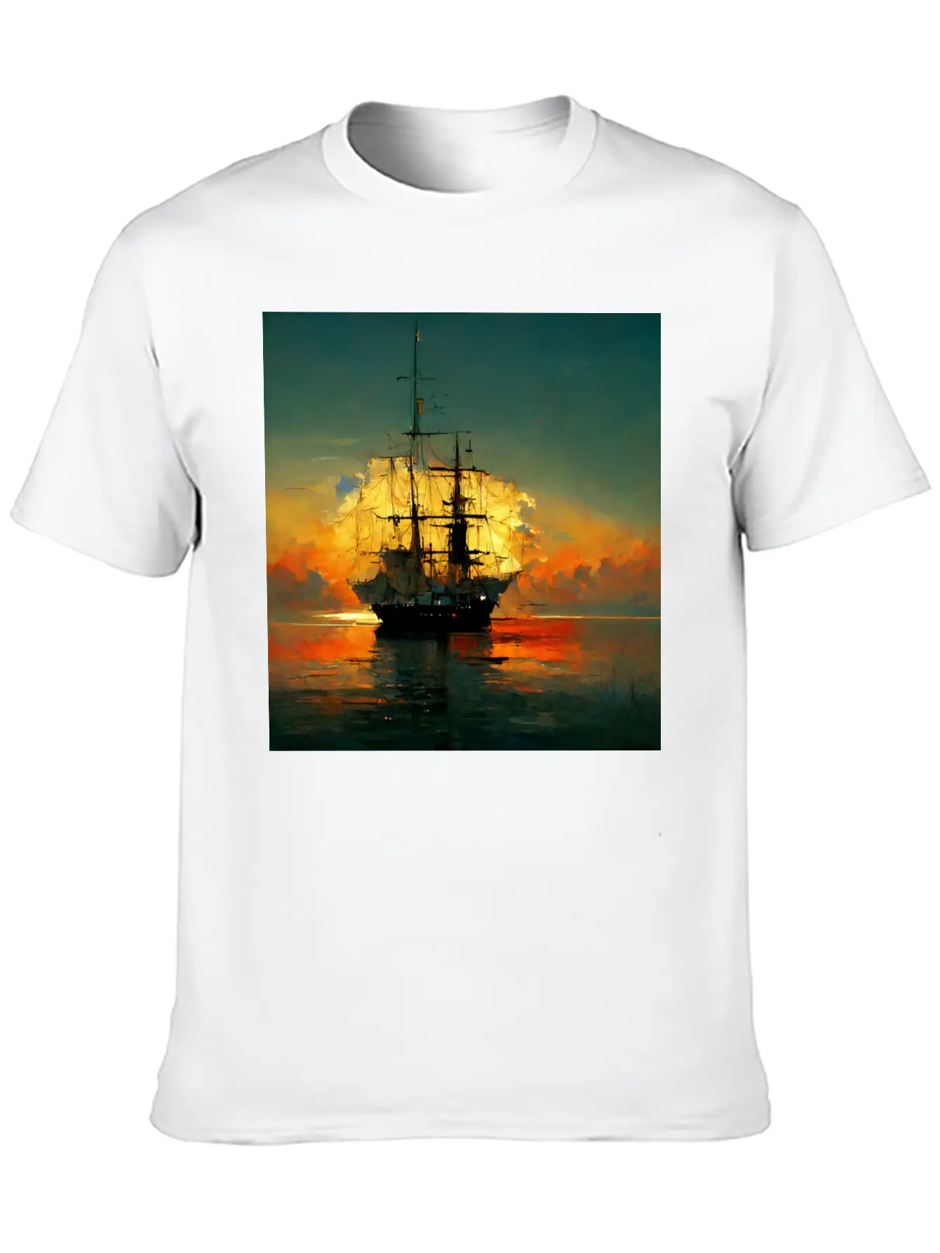 Pirates Ship In Sunset Great Scenery, Oil Paint Unisex Casual T-Shirt – Clean Design For Daily Comfort