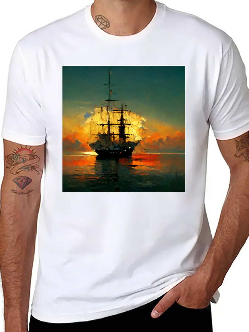 Pirates Ship In Sunset Great Scenery, Oil Paint Unisex Casual T-Shirt – Clean Design For Daily Comfort
