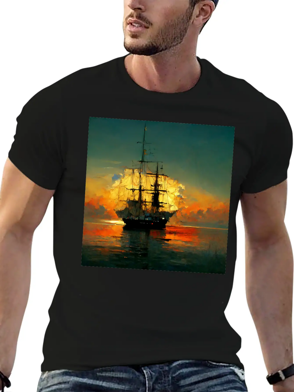 Pirates Ship In Sunset Great Scenery, Oil Paint Unisex Casual T-Shirt – Clean Design For Daily Comfort