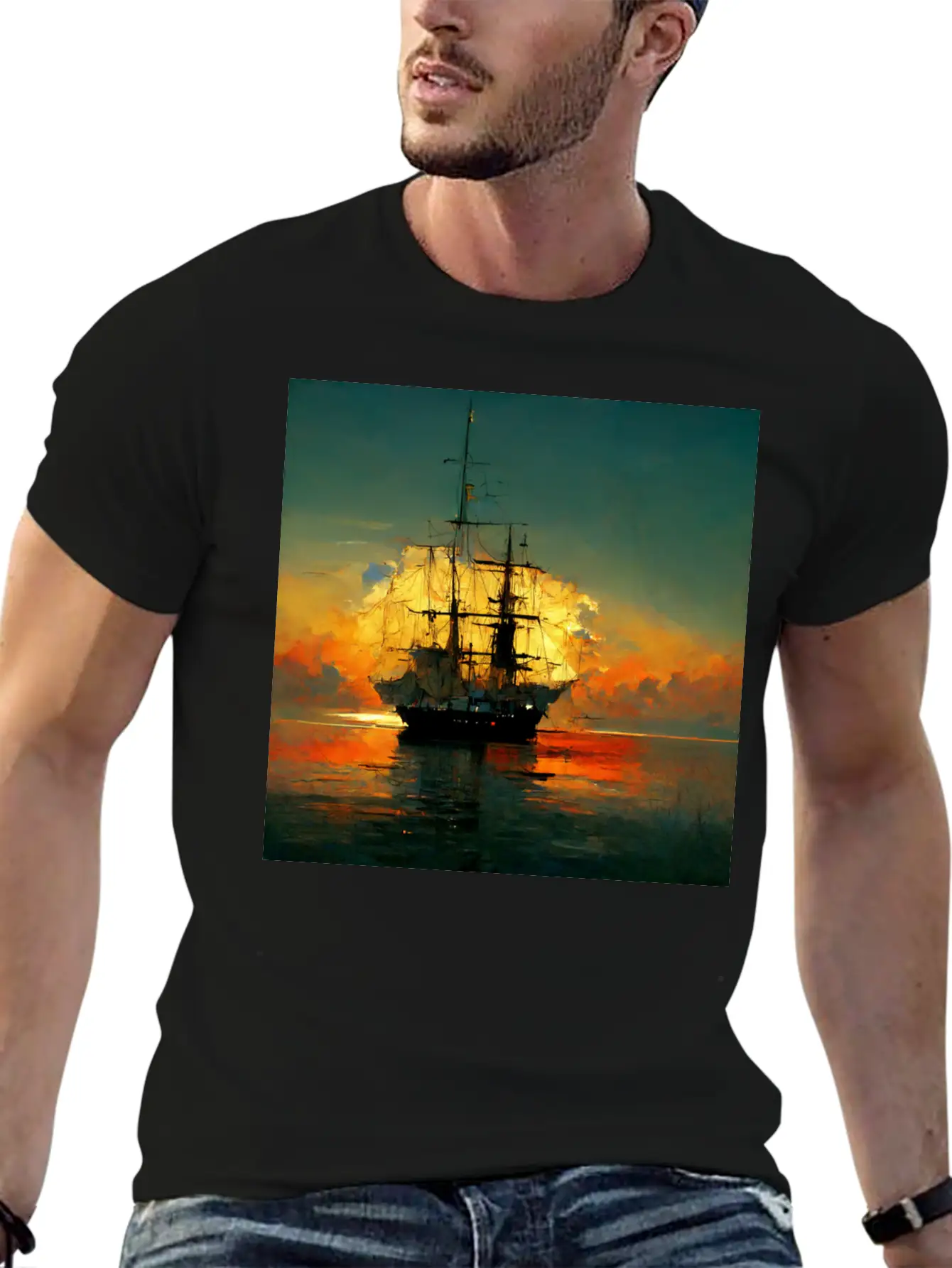 Pirates Ship In Sunset Great Scenery, Oil Paint Unisex Casual T-Shirt – Clean Design For Daily Comfort