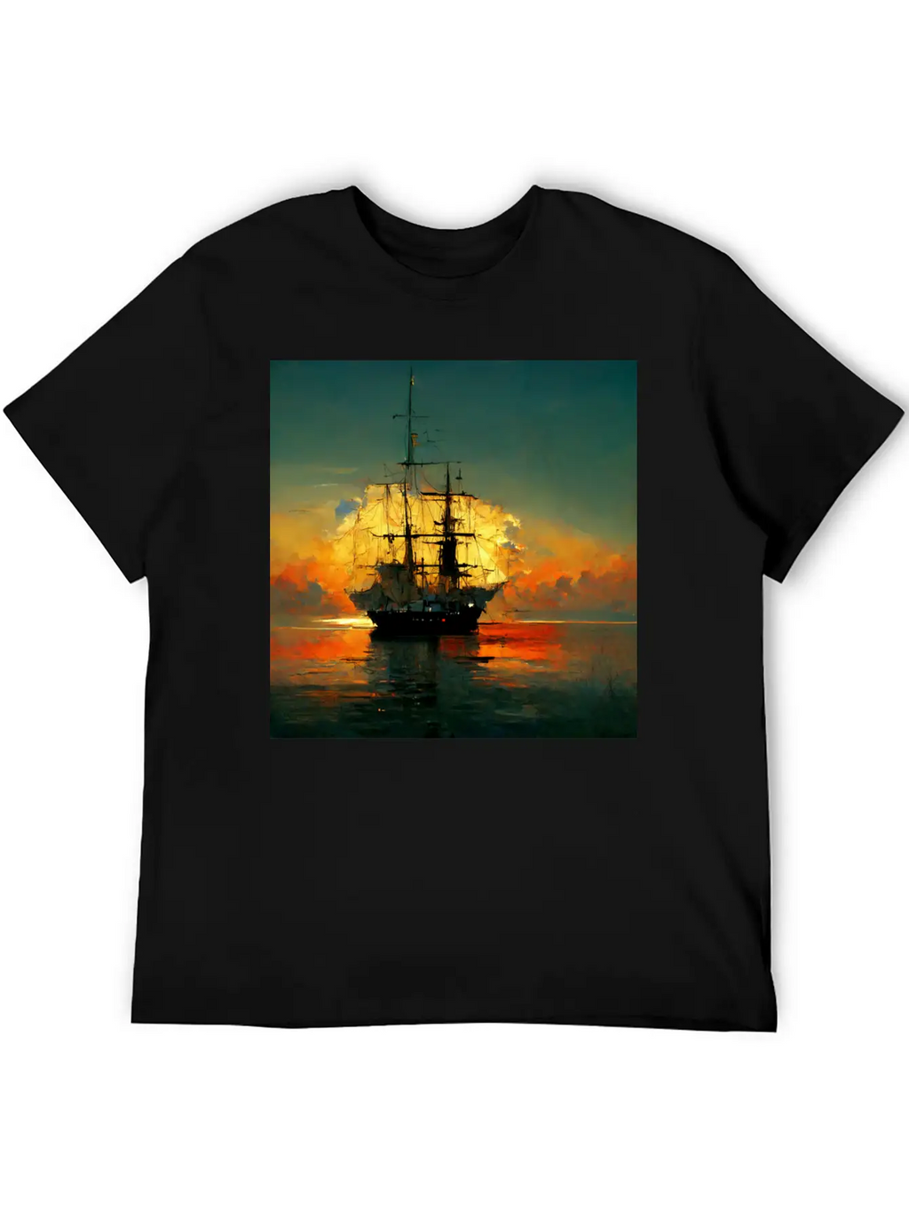 Pirates Ship In Sunset Great Scenery, Oil Paint Unisex Casual T-Shirt – Clean Design For Daily Comfort