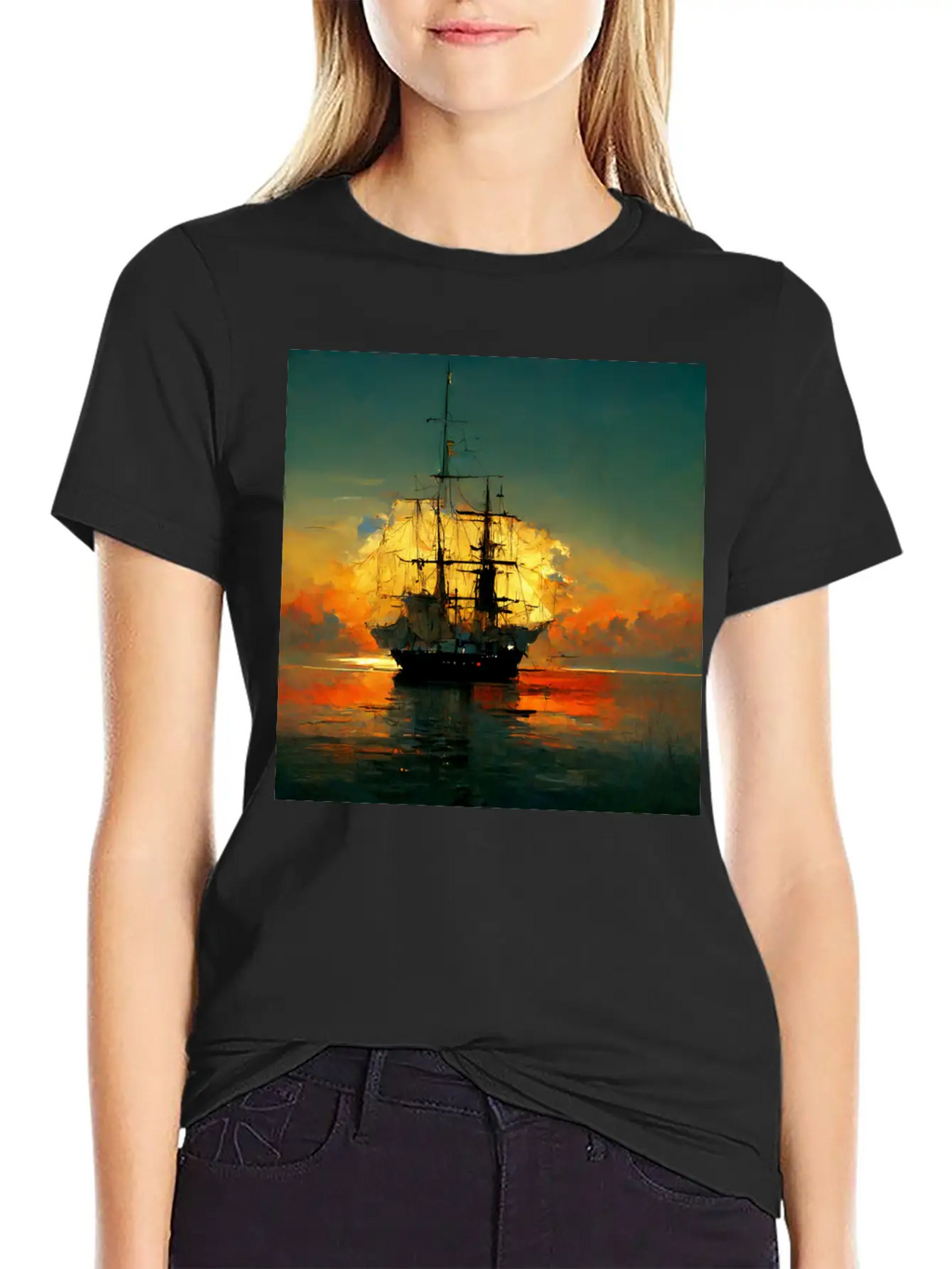 Pirates Ship In Sunset Great Scenery, Oil Paint Unisex Casual T-Shirt – Clean Design For Daily Comfort
