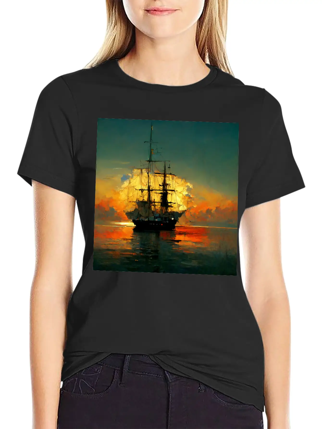 Pirates Ship In Sunset Great Scenery, Oil Paint Unisex Casual T-Shirt – Clean Design For Daily Comfort