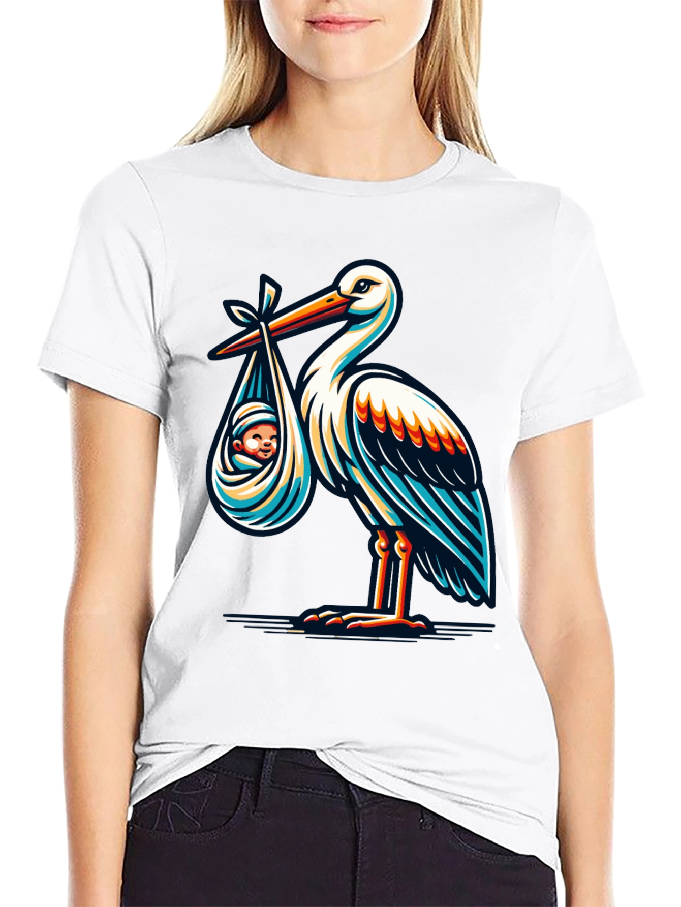 Stork & Baby Graphic T-Shirt - Black Cotton Blend