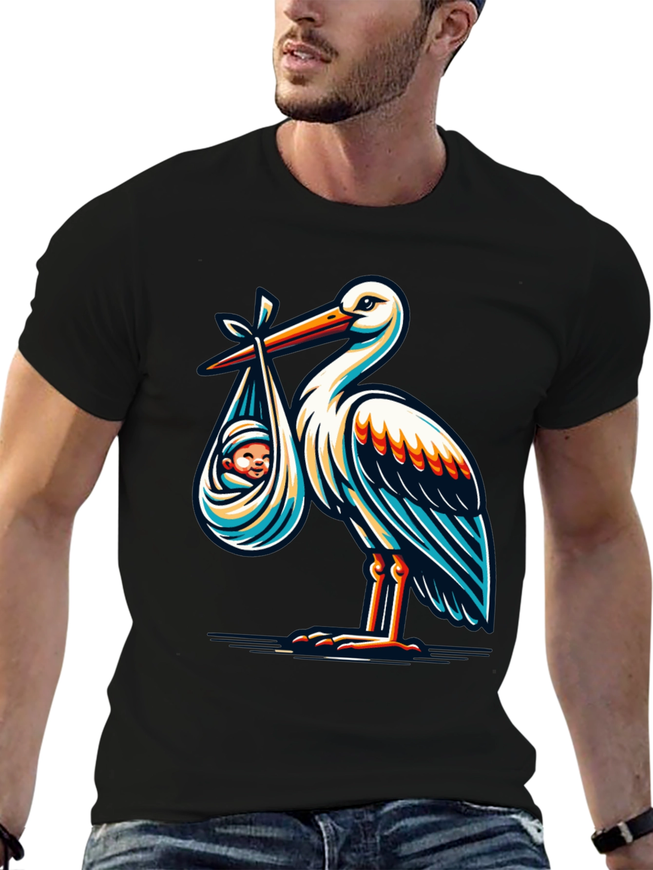 Stork & Baby Graphic T-Shirt - Black Cotton Blend