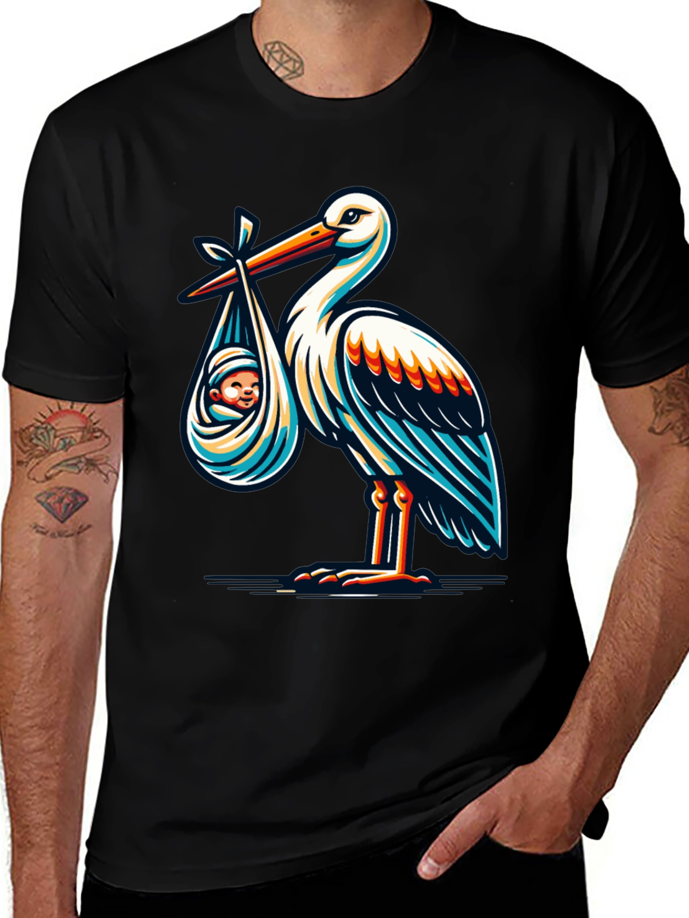 Stork & Baby Graphic T-Shirt - Black Cotton Blend