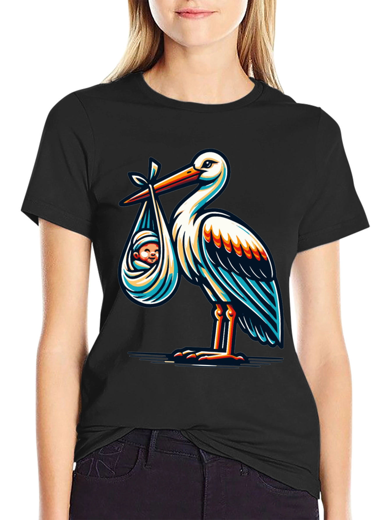 Stork & Baby Graphic T-Shirt - Black Cotton Blend