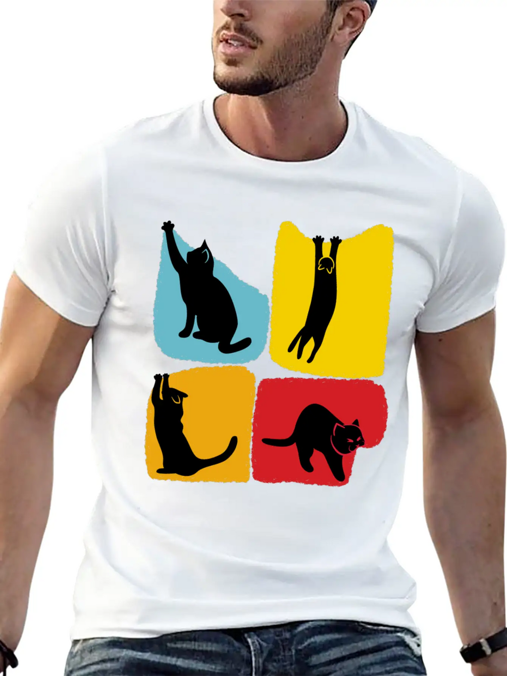 Playful Black Cat Poses Silhouettes Pattern Unisex Casual T-Shirt – Clean Design For Daily Comfort