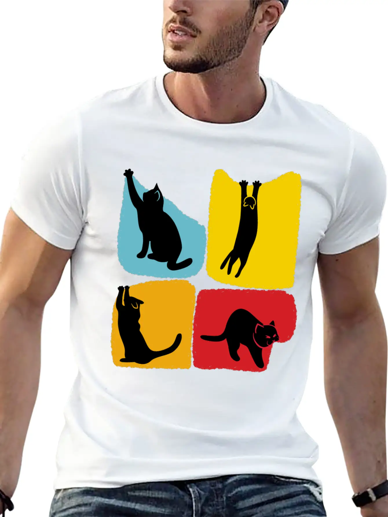 Playful Black Cat Poses Silhouettes Pattern Unisex Casual T-Shirt – Clean Design For Daily Comfort
