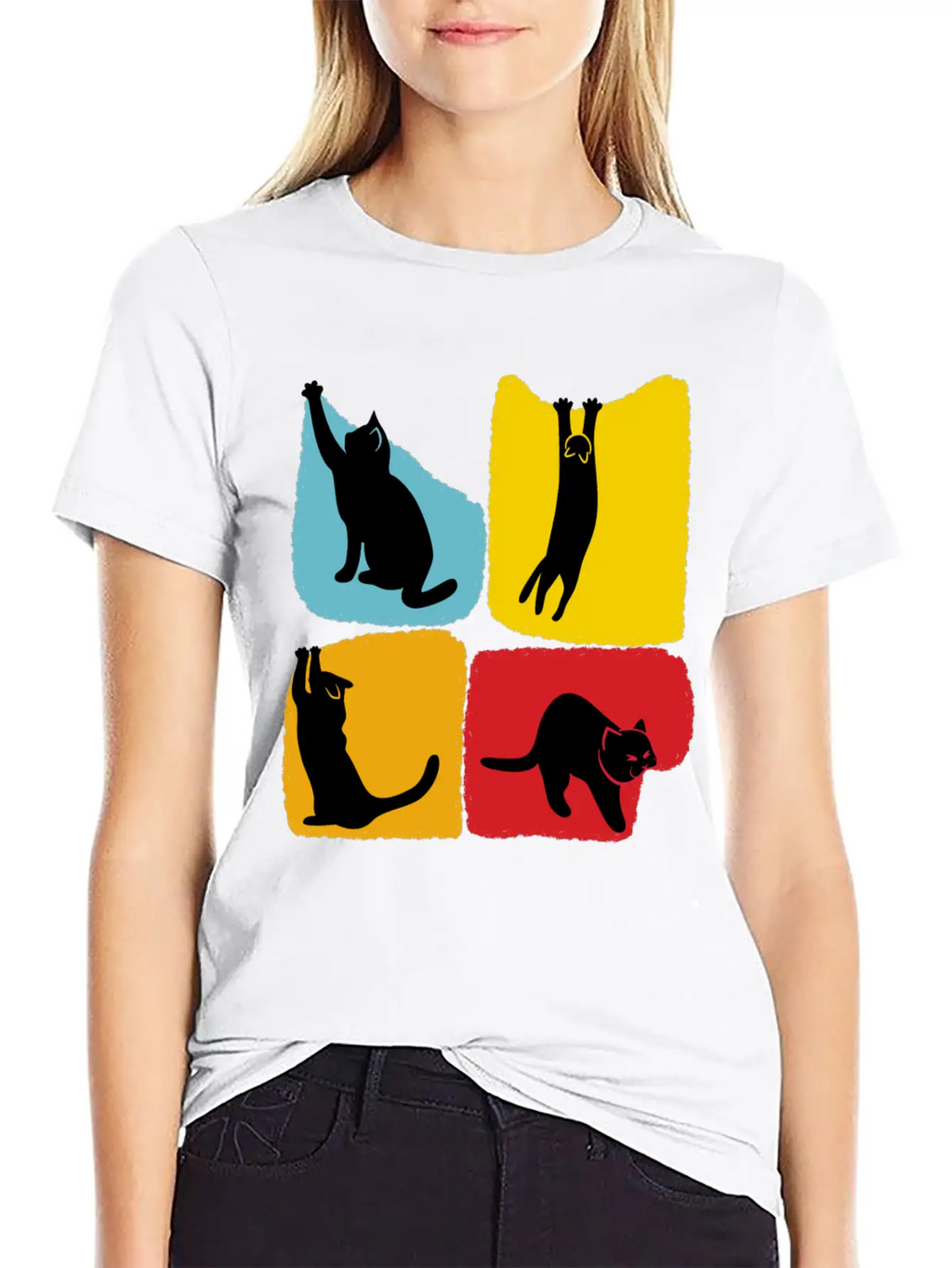 Playful Black Cat Poses Silhouettes Pattern Unisex Casual T-Shirt – Clean Design For Daily Comfort