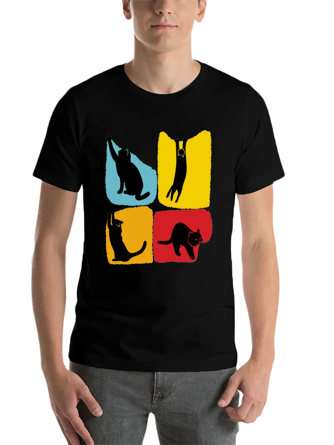 Playful Black Cat Poses Silhouettes Pattern Unisex Casual T-Shirt – Clean Design For Daily Comfort