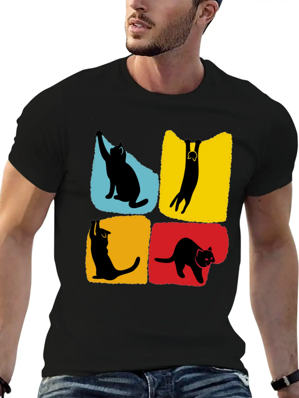 Playful Black Cat Poses Silhouettes Pattern Unisex Casual T-Shirt – Clean Design For Daily Comfort