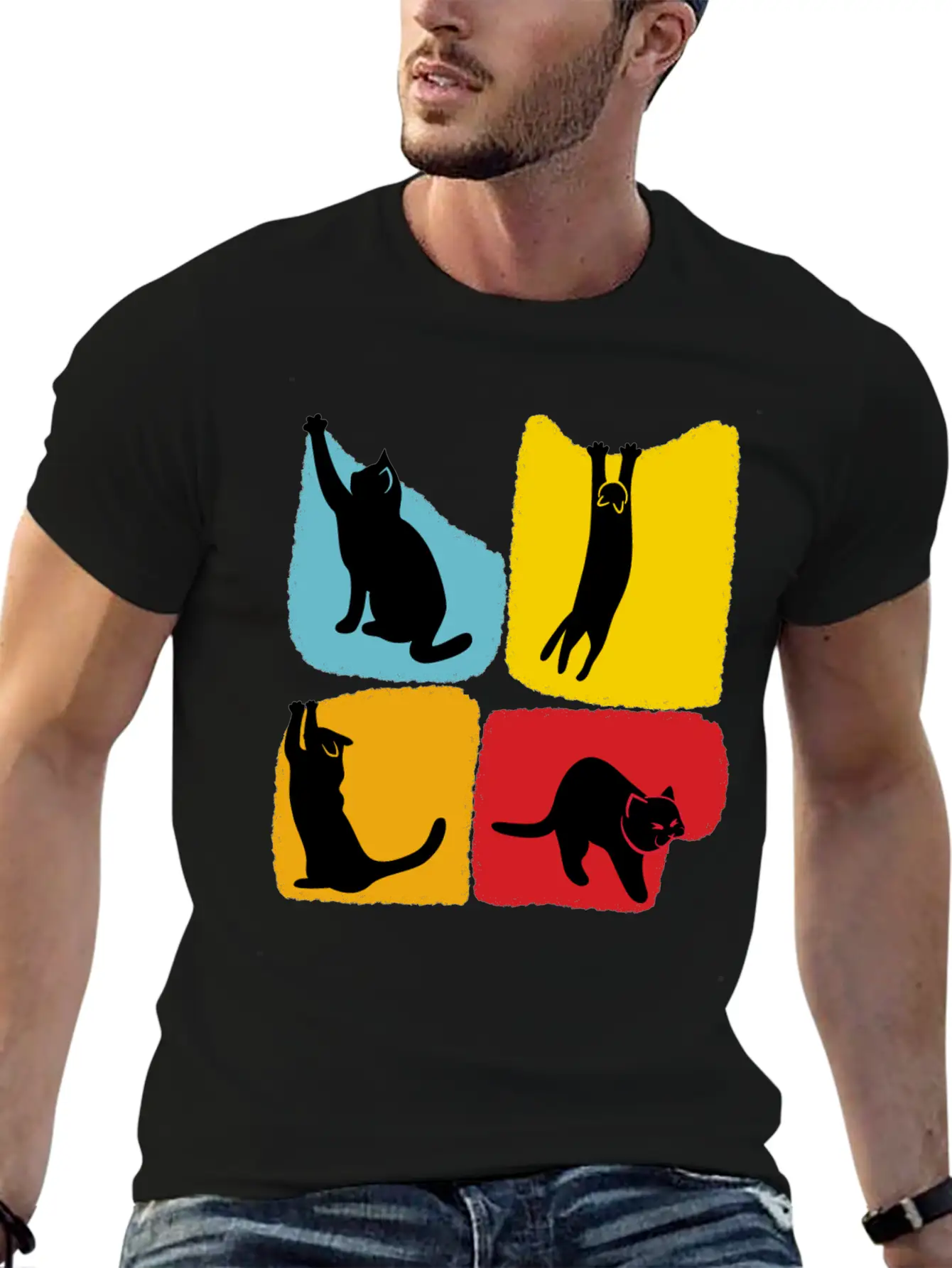 Playful Black Cat Poses Silhouettes Pattern Unisex Casual T-Shirt – Clean Design For Daily Comfort