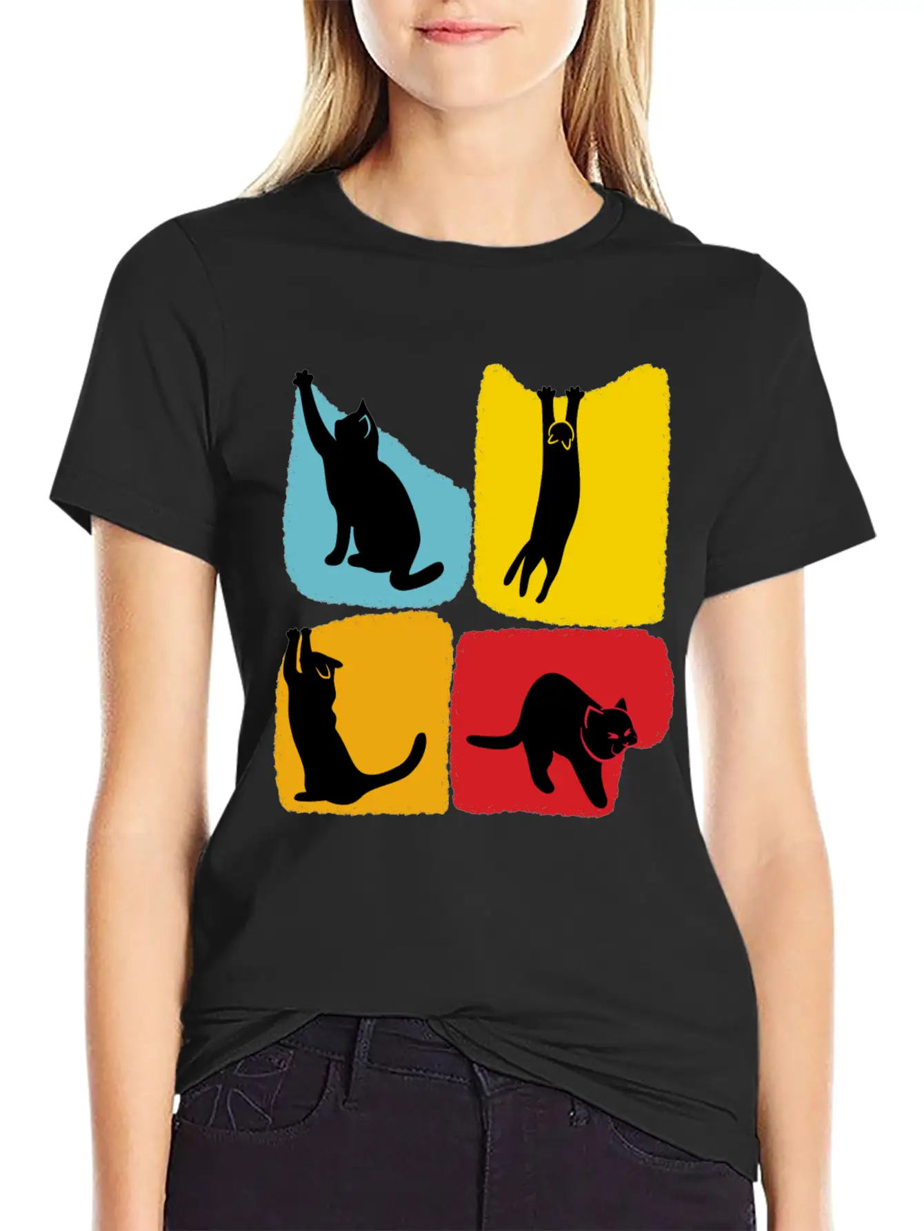 Playful Black Cat Poses Silhouettes Pattern Unisex Casual T-Shirt – Clean Design For Daily Comfort