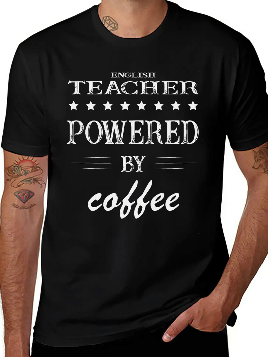 Powered By Coffee, Coffee, English Teacher Casual Graphic T-Shirt – Simple And Comfortable Daily Wear