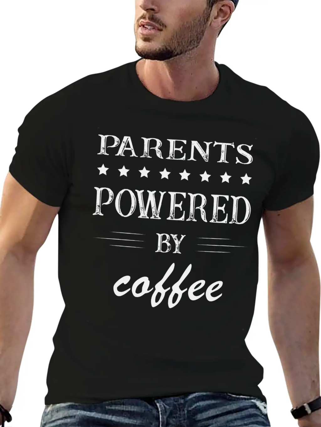 Powered By Coffee, Coffee, Parents, Mom, Dad Casual Graphic T-Shirt – Simple And Comfortable Daily Wear