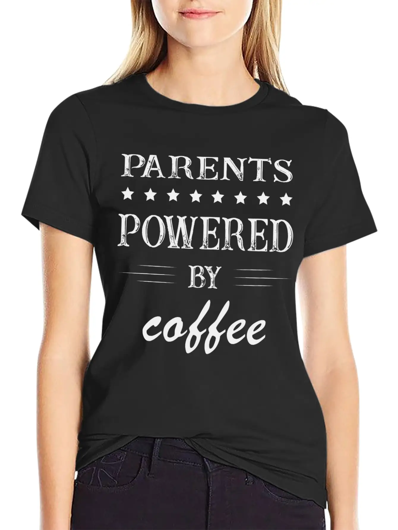Powered By Coffee, Coffee, Parents, Mom, Dad Casual Graphic T-Shirt – Simple And Comfortable Daily Wear