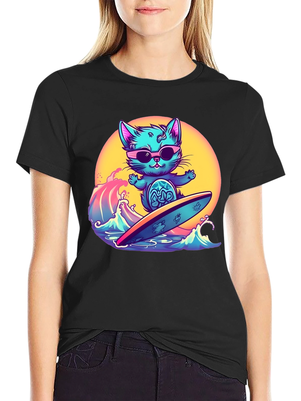 Cool Cat Surfing T-Shirt - Black