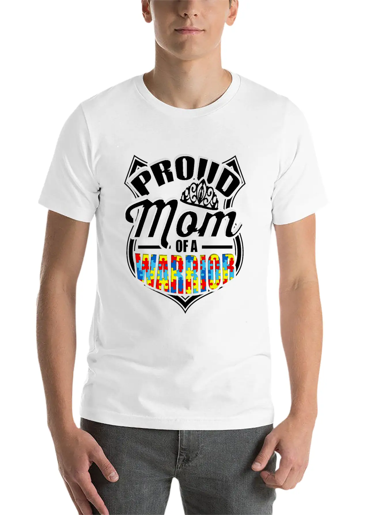 Proud Mom Of A Warrior Autism Awareness Unisex Short Sleeve Soft Cotton T-Shirt – Casual Everyday Wear