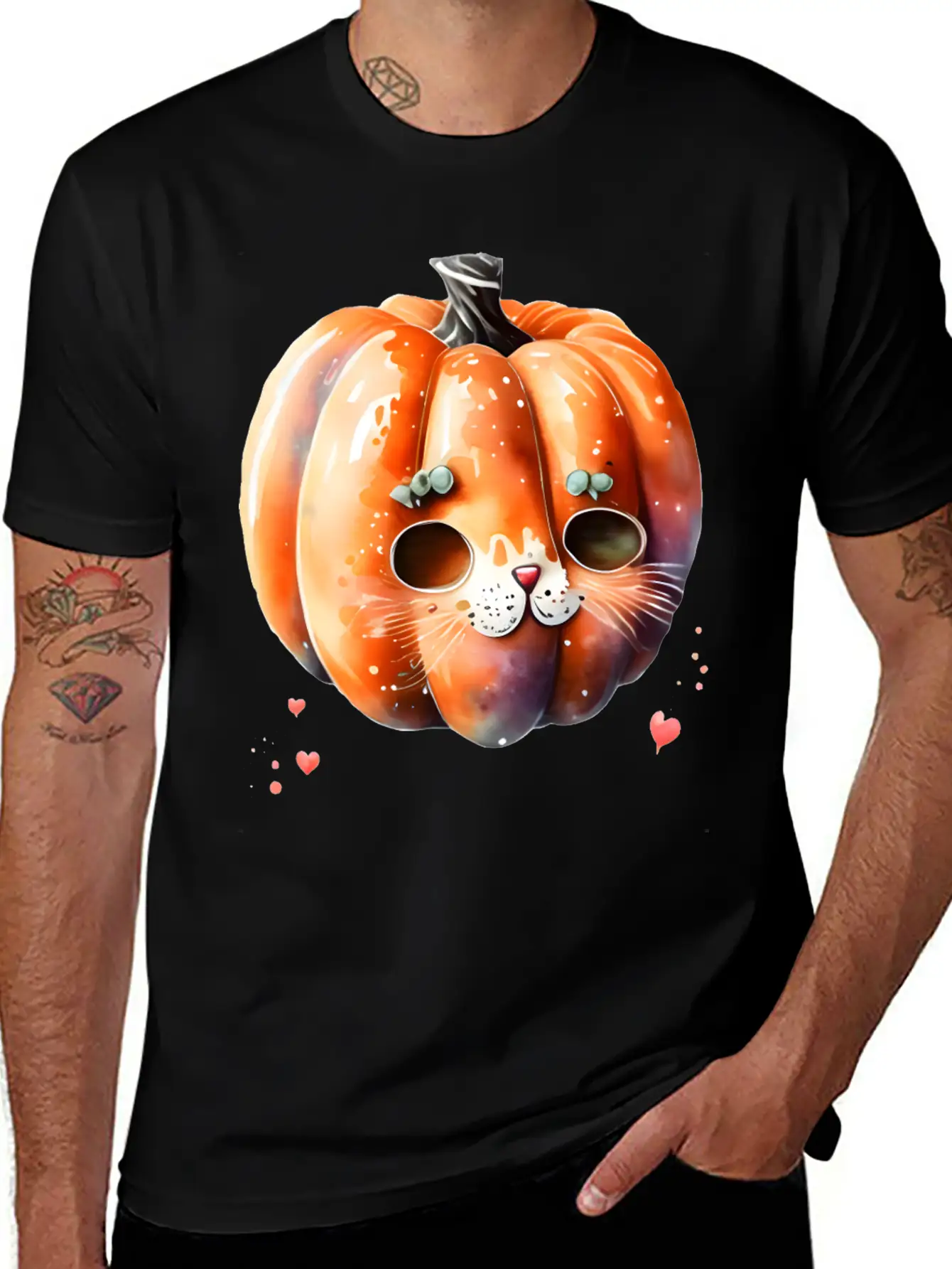 Pumpkin Cat Watercolor Unisex Short Sleeve Soft Cotton T-Shirt – Casual Everyday Wear