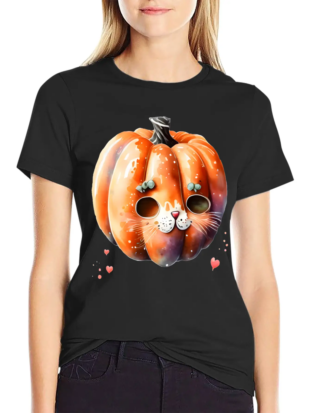 Pumpkin Cat Watercolor Unisex Short Sleeve Soft Cotton T-Shirt – Casual Everyday Wear