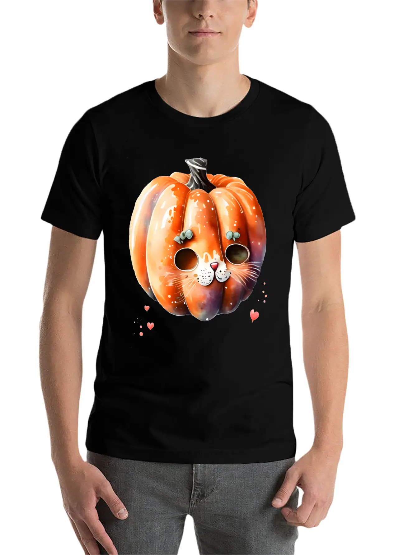 Pumpkin Cat Watercolor Unisex Short Sleeve Soft Cotton T-Shirt – Casual Everyday Wear