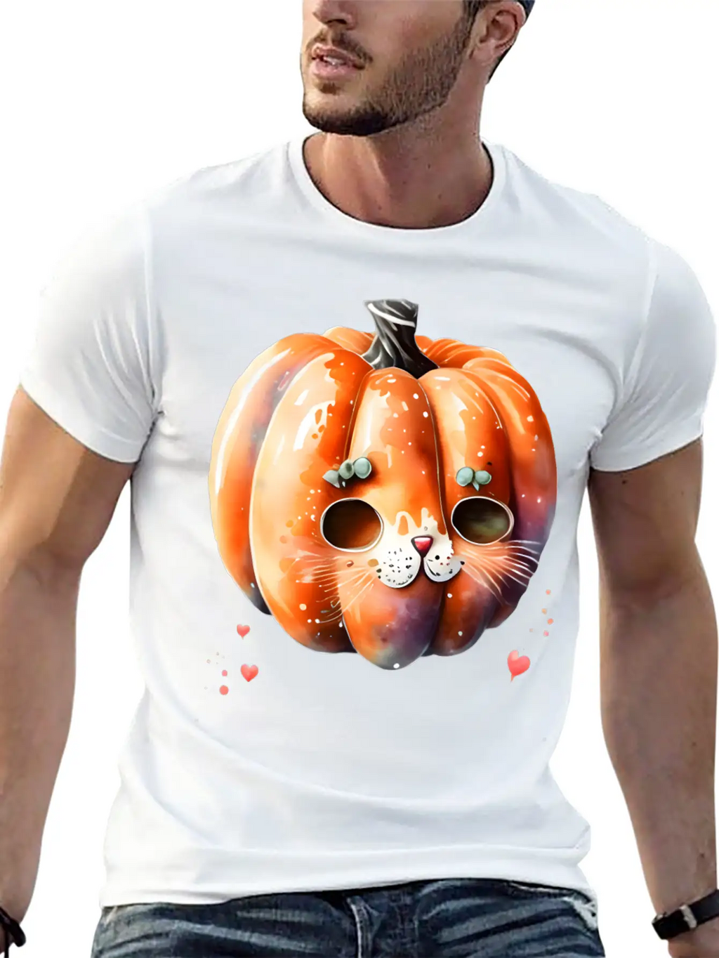 Pumpkin Cat Watercolor Unisex Short Sleeve Soft Cotton T-Shirt – Casual Everyday Wear