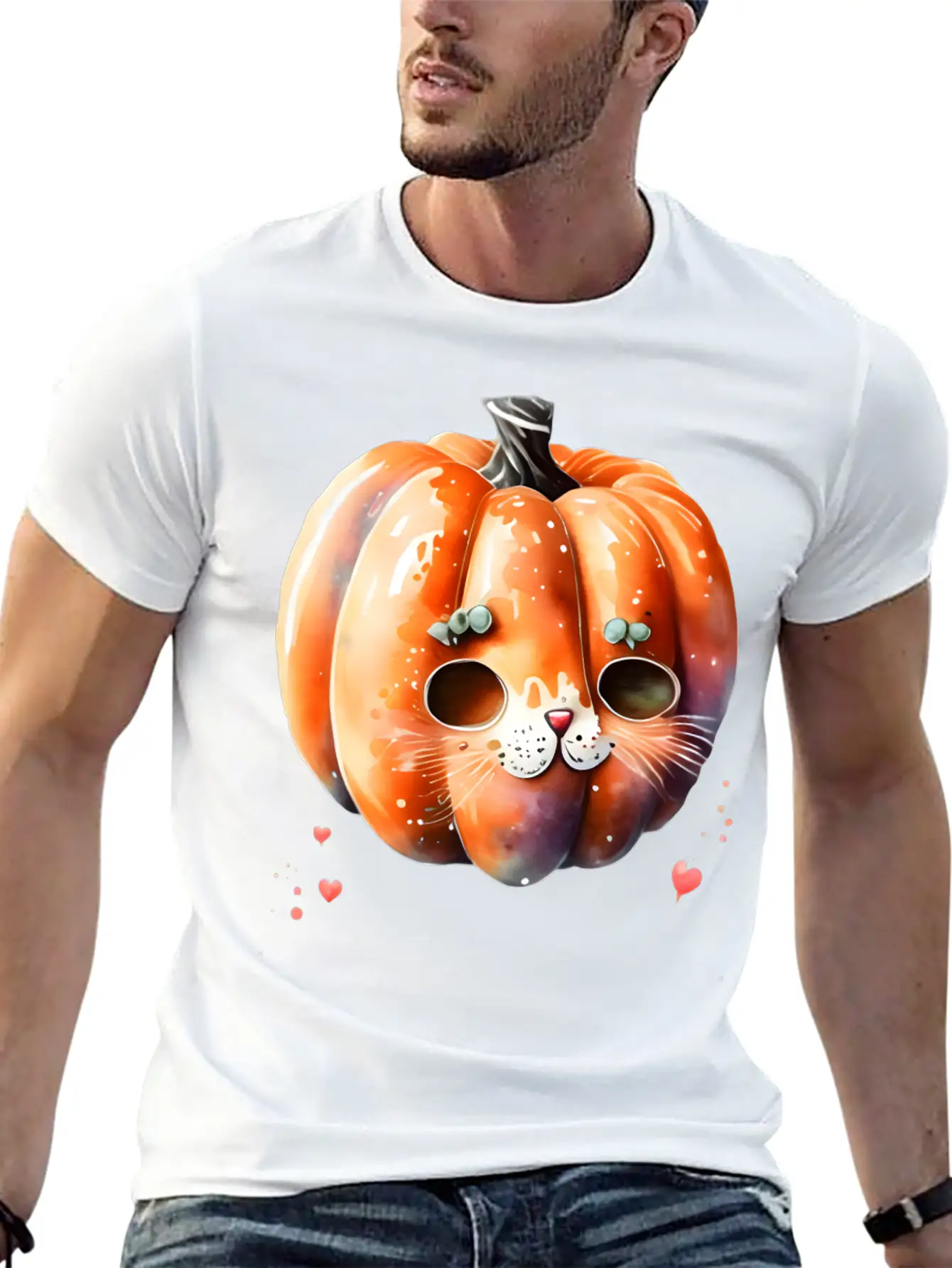 Pumpkin Cat Watercolor Unisex Short Sleeve Soft Cotton T-Shirt – Casual Everyday Wear