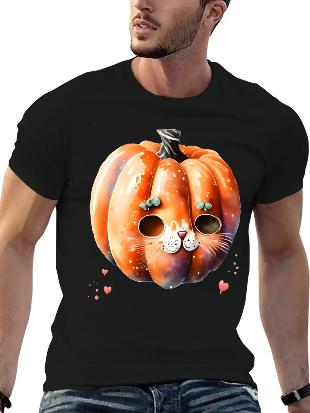 Pumpkin Cat Watercolor Unisex Short Sleeve Soft Cotton T-Shirt – Casual Everyday Wear