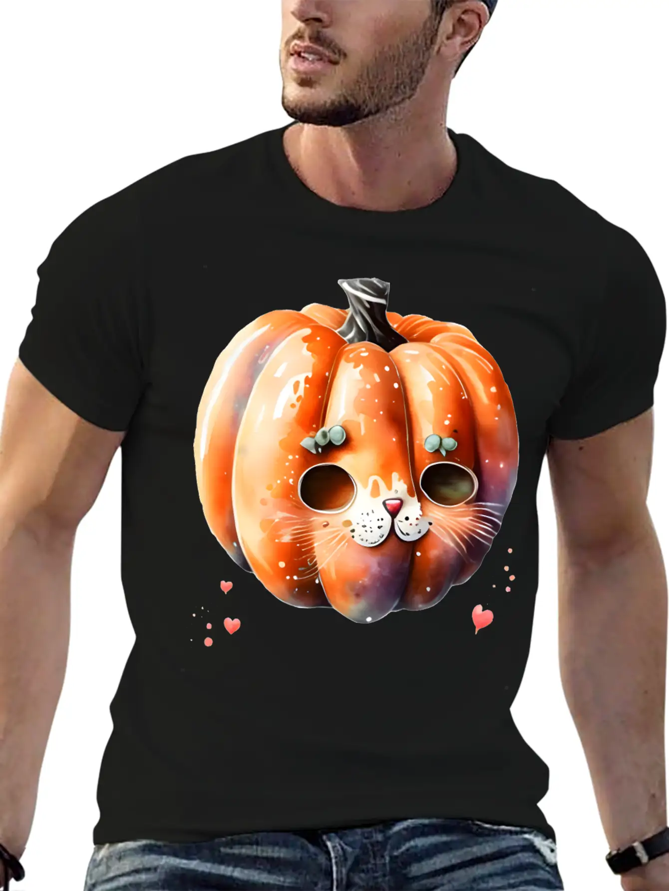 Pumpkin Cat Watercolor Unisex Short Sleeve Soft Cotton T-Shirt – Casual Everyday Wear