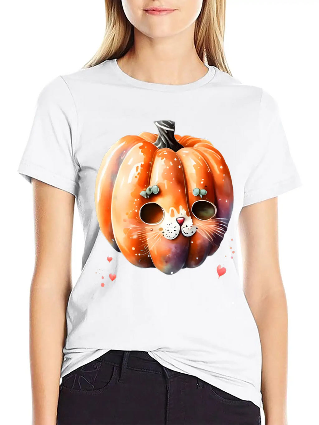 Pumpkin Cat Watercolor Unisex Short Sleeve Soft Cotton T-Shirt – Casual Everyday Wear