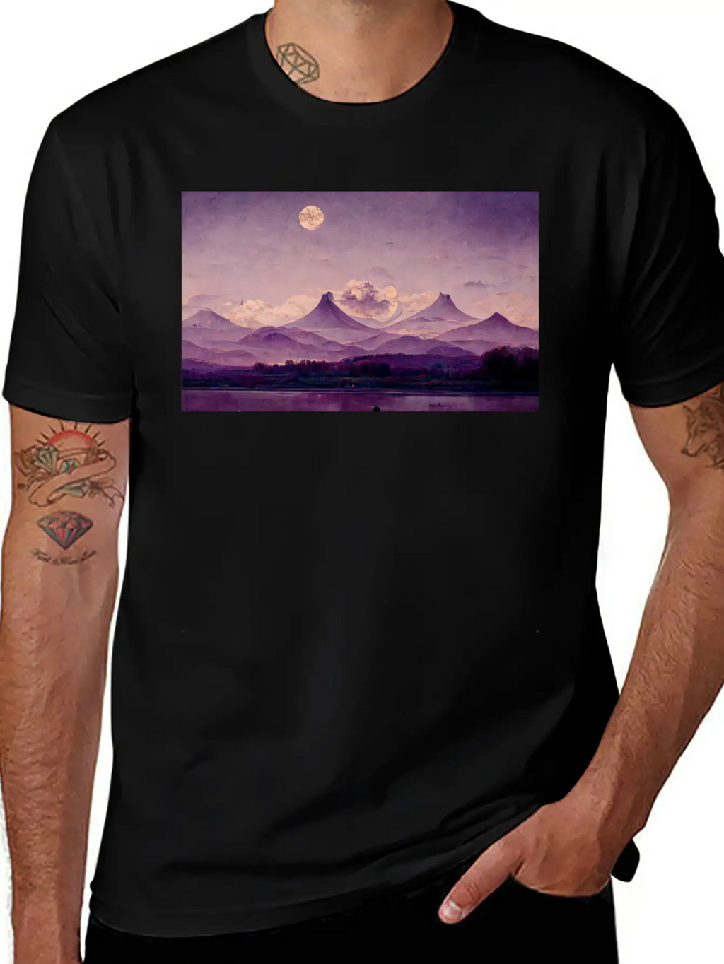 Purple Mountains Landscape Painting Essential Cotton Tee For Daily Outfits – Unisex Style