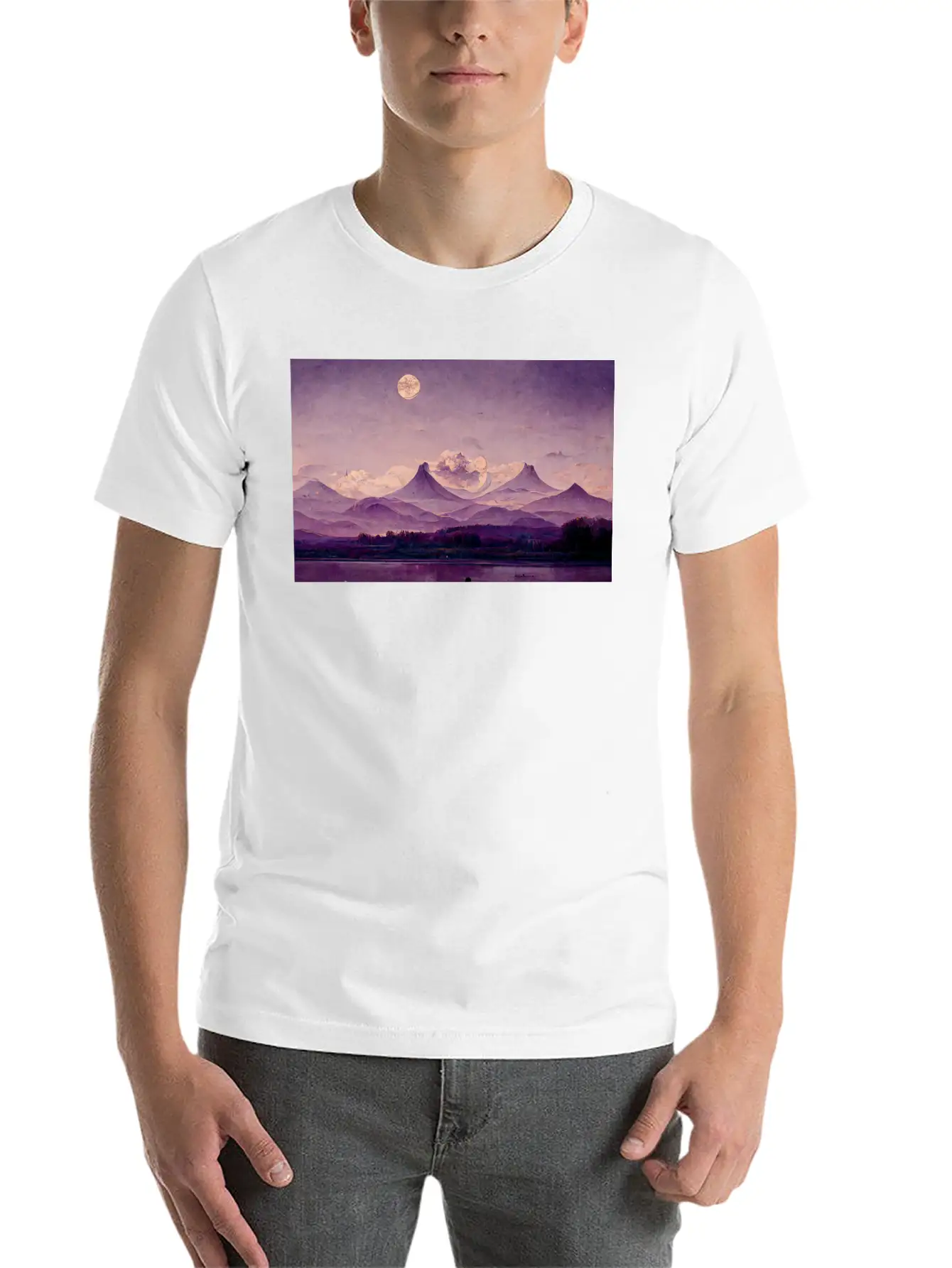 Purple Mountains Landscape Painting Essential Cotton Tee For Daily Outfits – Unisex Style