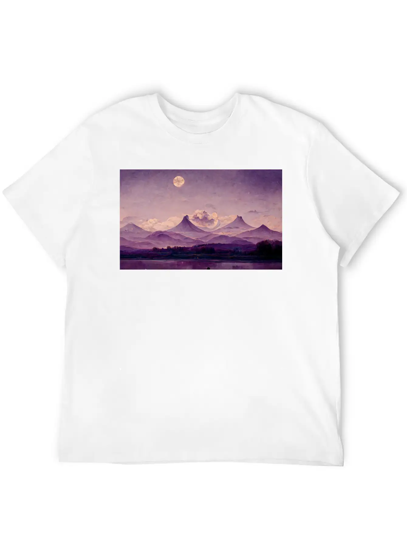 Purple Mountains Landscape Painting Essential Cotton Tee For Daily Outfits – Unisex Style