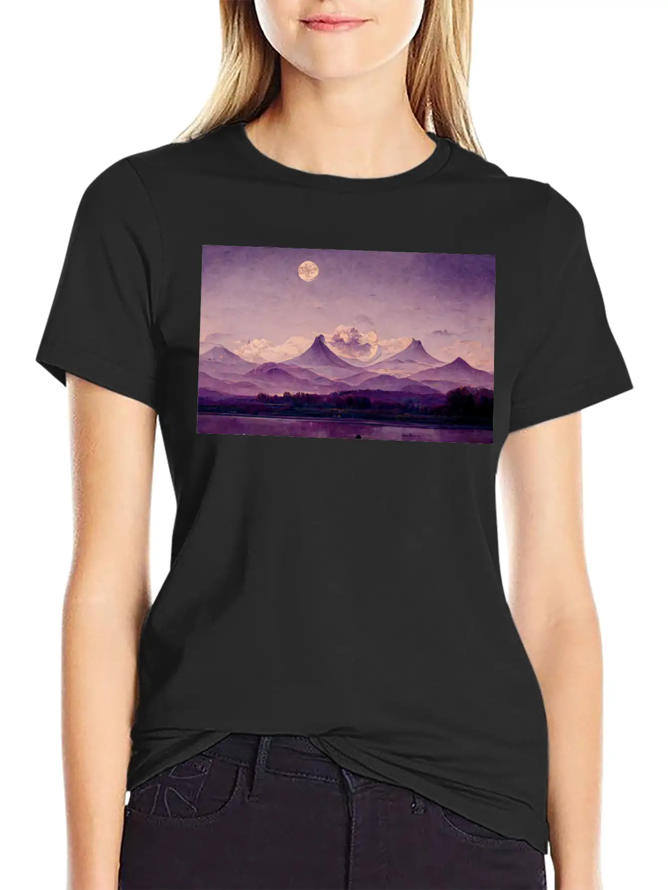 Purple Mountains Landscape Painting Essential Cotton Tee For Daily Outfits – Unisex Style