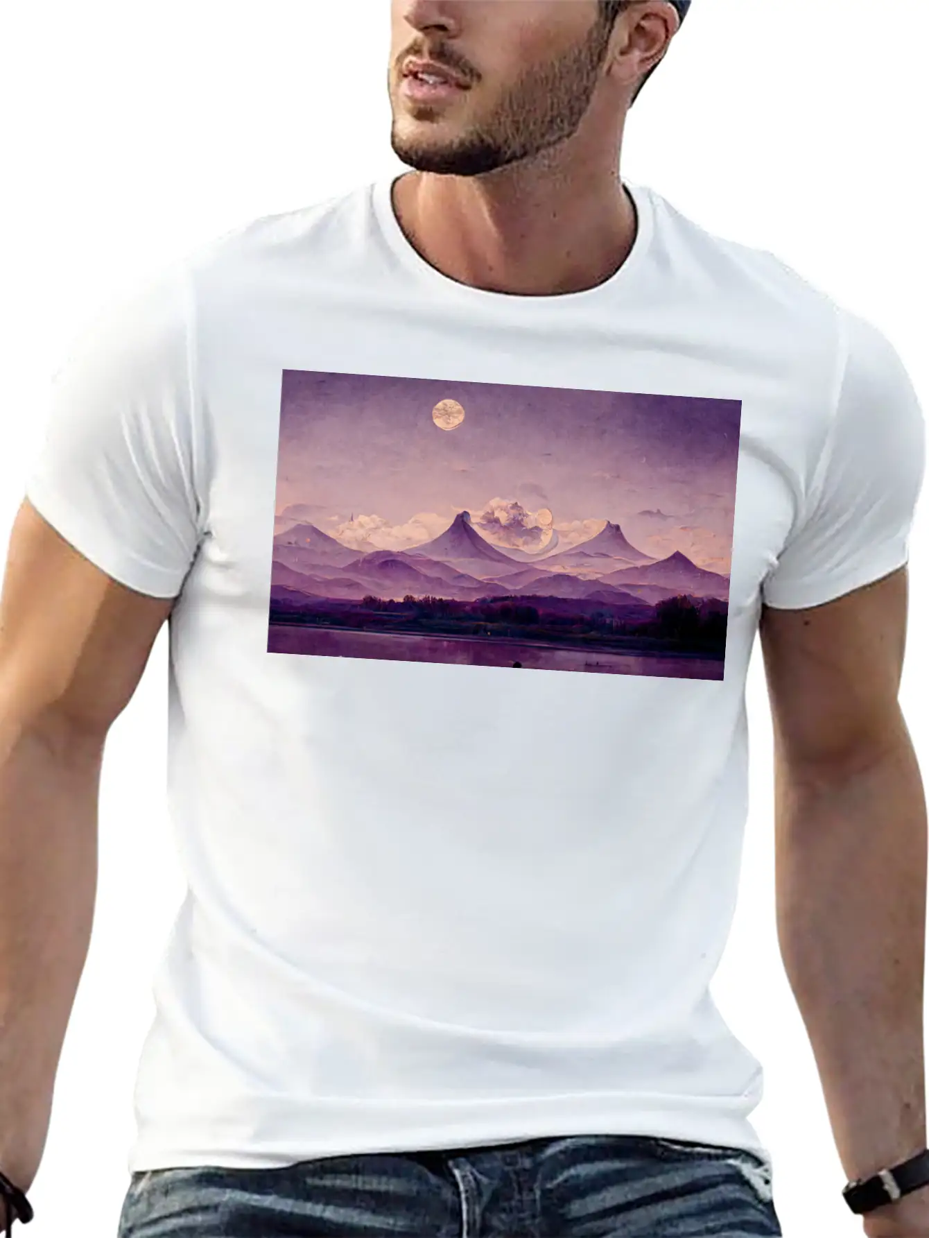 Purple Mountains Landscape Painting Essential Cotton Tee For Daily Outfits – Unisex Style
