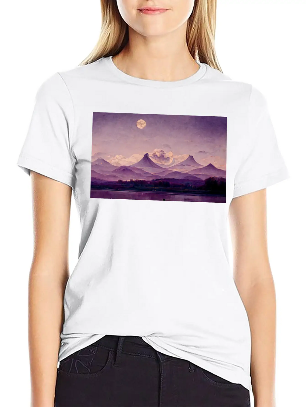 Purple Mountains Landscape Painting Essential Cotton Tee For Daily Outfits – Unisex Style