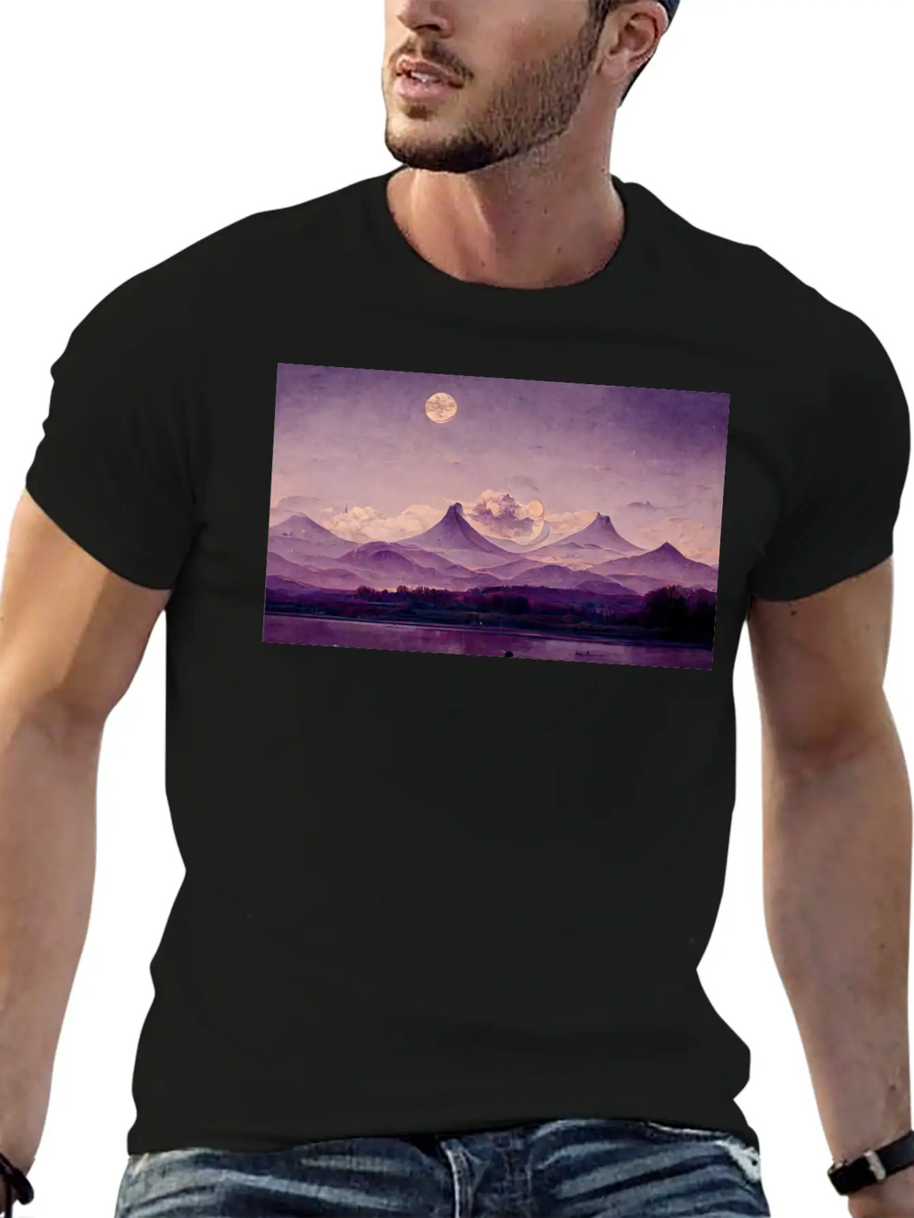Purple Mountains Landscape Painting Essential Cotton Tee For Daily Outfits – Unisex Style